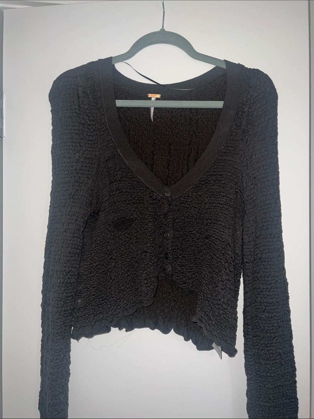 Free People Black Textured V-Neck Button Cardigan